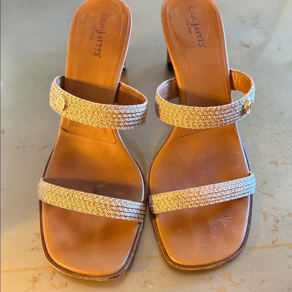 Eric Javits Tan Leather Slide Mules Heels